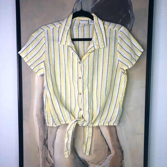 Rachel Zoe Los Angeles New York Striped 100% Linen Cropped Tie Top - Picture 1 of 5